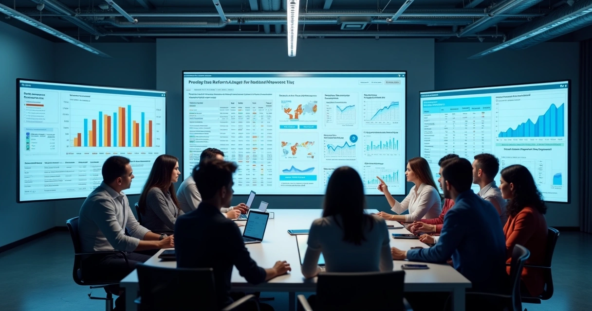 Equipe analisando informações imobiliárias em painéis digitais modernos