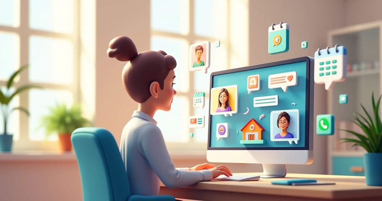 Corretora atendendo cliente online no computador 