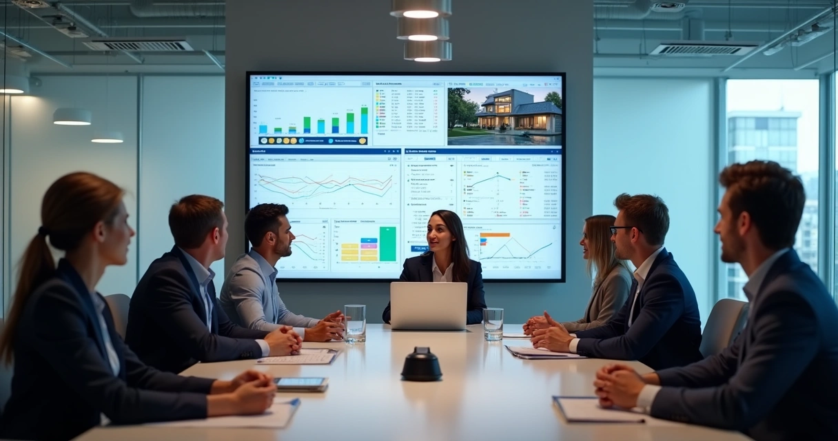 Equipe de imobiliária reunida com telas exibindo dados centralizados 
