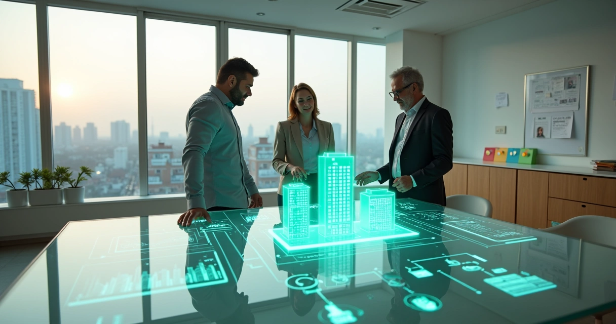 Equipe de imobiliária administrando aluguéis em espaço moderno com tela digital central 