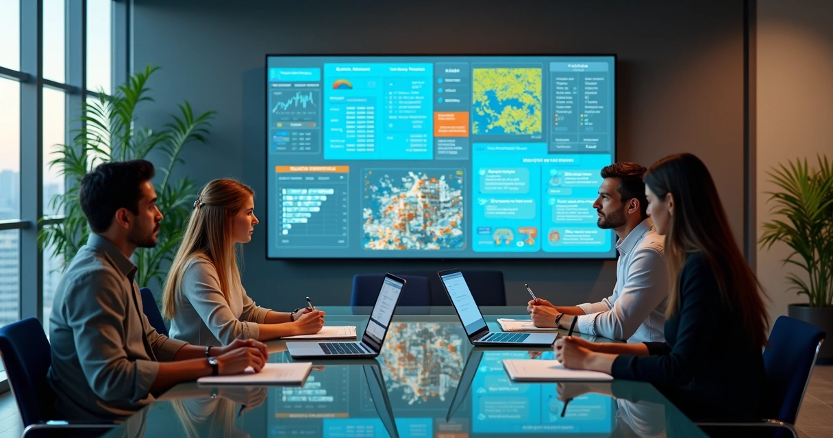 Equipe de imobiliária reunida com dashboards de IA ao fundo