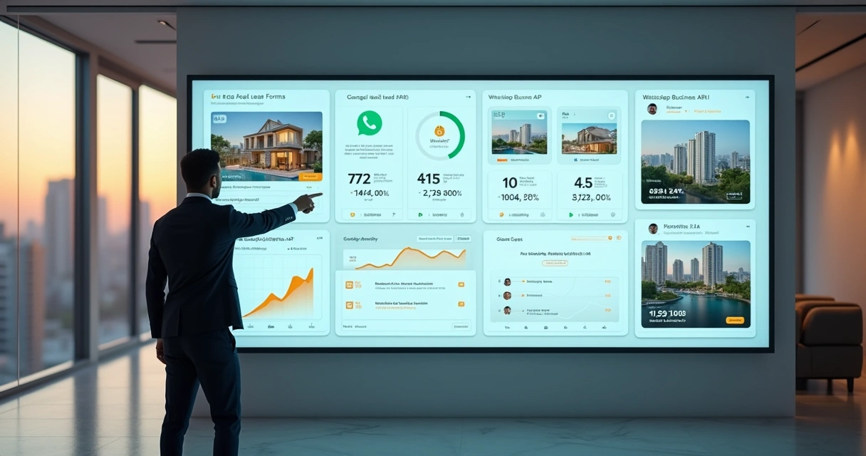Gestor de imobiliária analisando painel digital com leads e anúncios online em tela gigante 