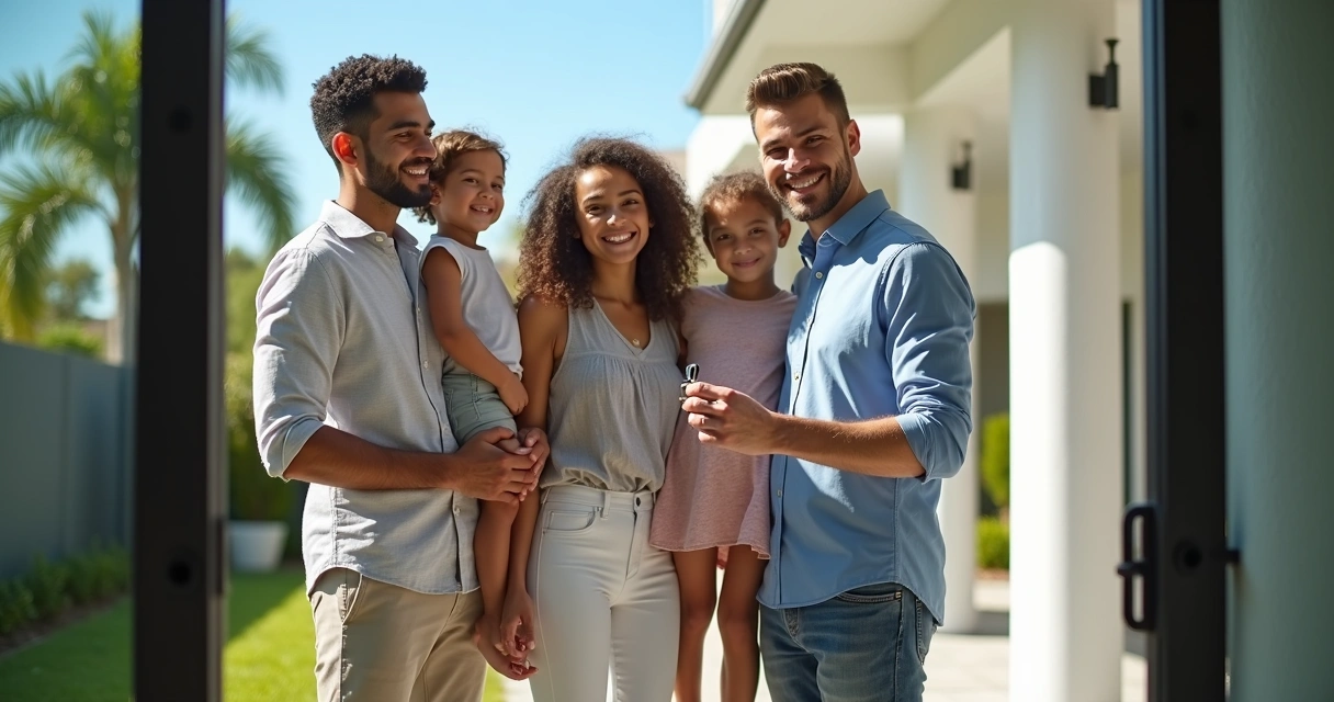 Corretor e família brasileira em frente a casa na Flórida 