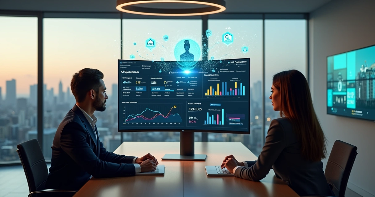 Equipe de vendas de imobiliária usando painel de inteligência artificial para aumentar resultados 