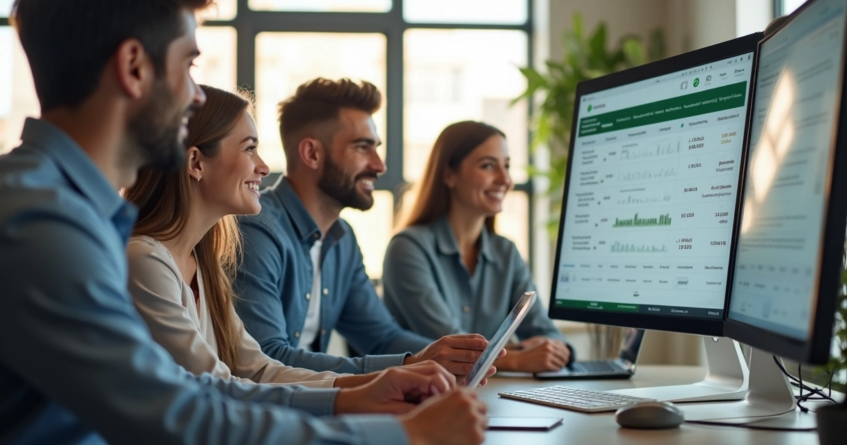 Equipe em imobiliária usando sistema tecnológico integrado 