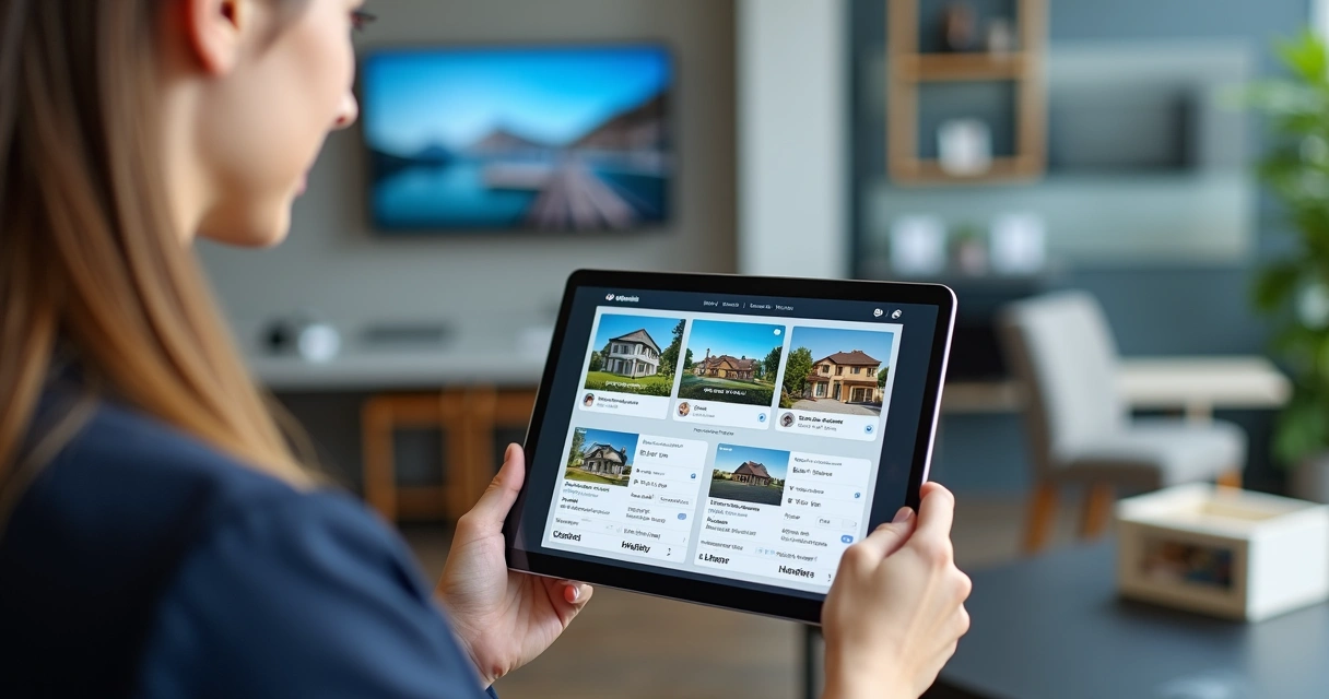 Corretor usando tablet para personalizar anúncios de imóveis 