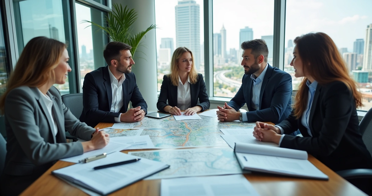 Equipe da imobiliária analisando documentos de imóveis em uma mesa 