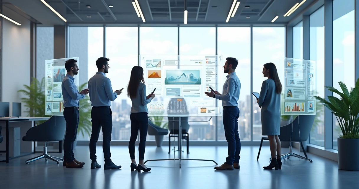 Equipe de imobiliária moderna interagindo com telas digitais de atendimento 