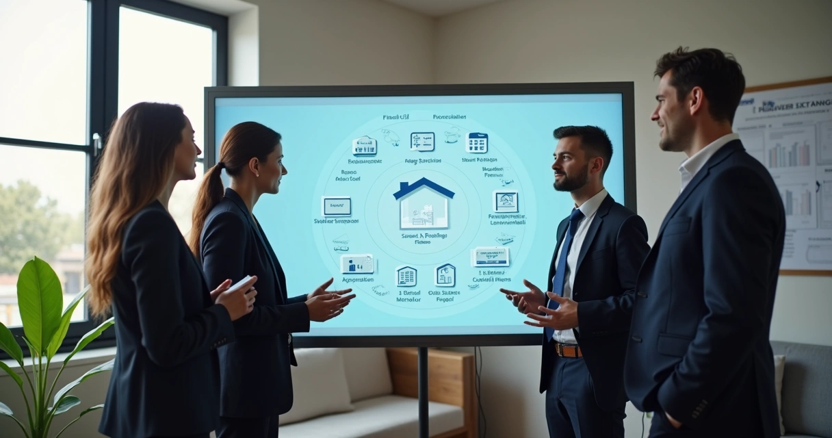 Equipe imobiliária analisando painel digital com fluxos de permuta 