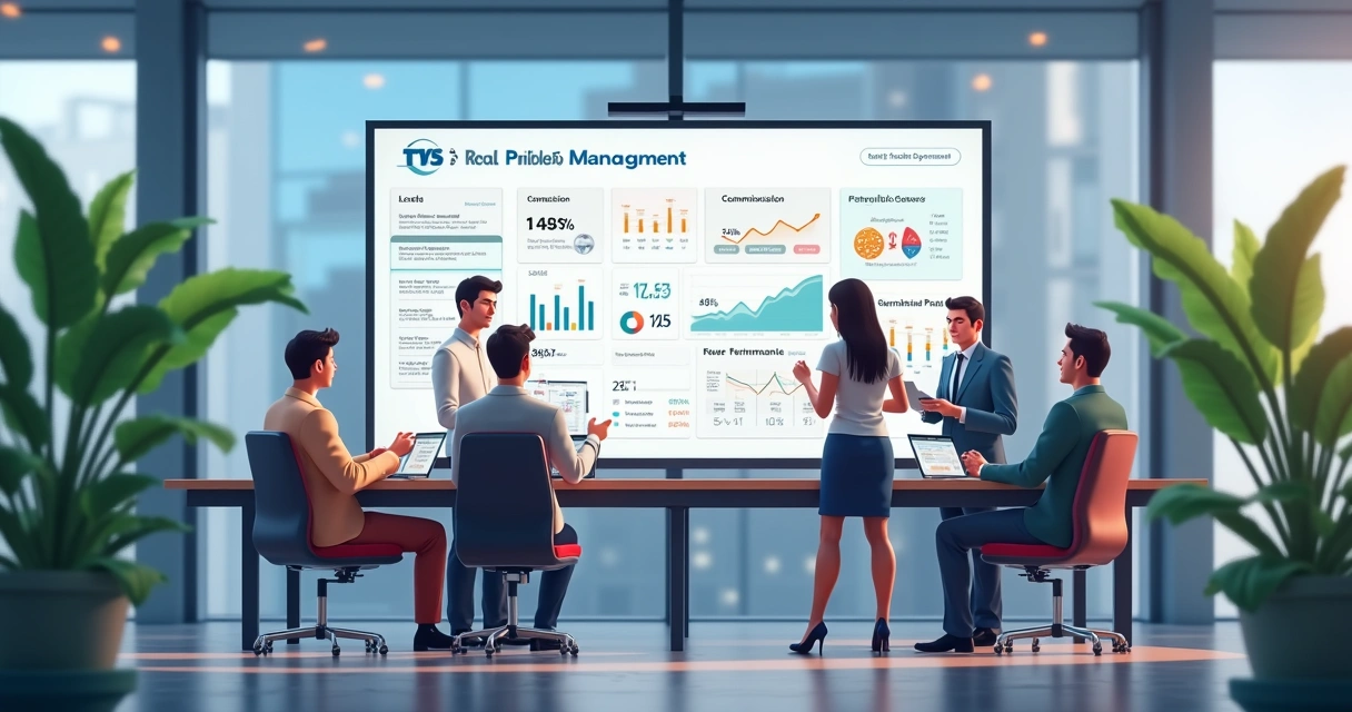 Equipe de imobiliária em sala moderna usando sistemas digitais para gestão de parcerias 