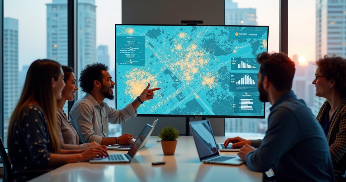 Equipe imobiliária analisando tendências com tecnologia de IA