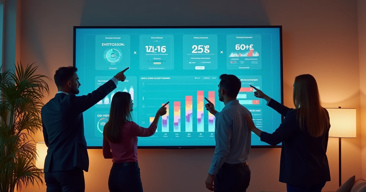 Equipe de imobiliária reunida analisando dados em tela com gráficos e IA. 