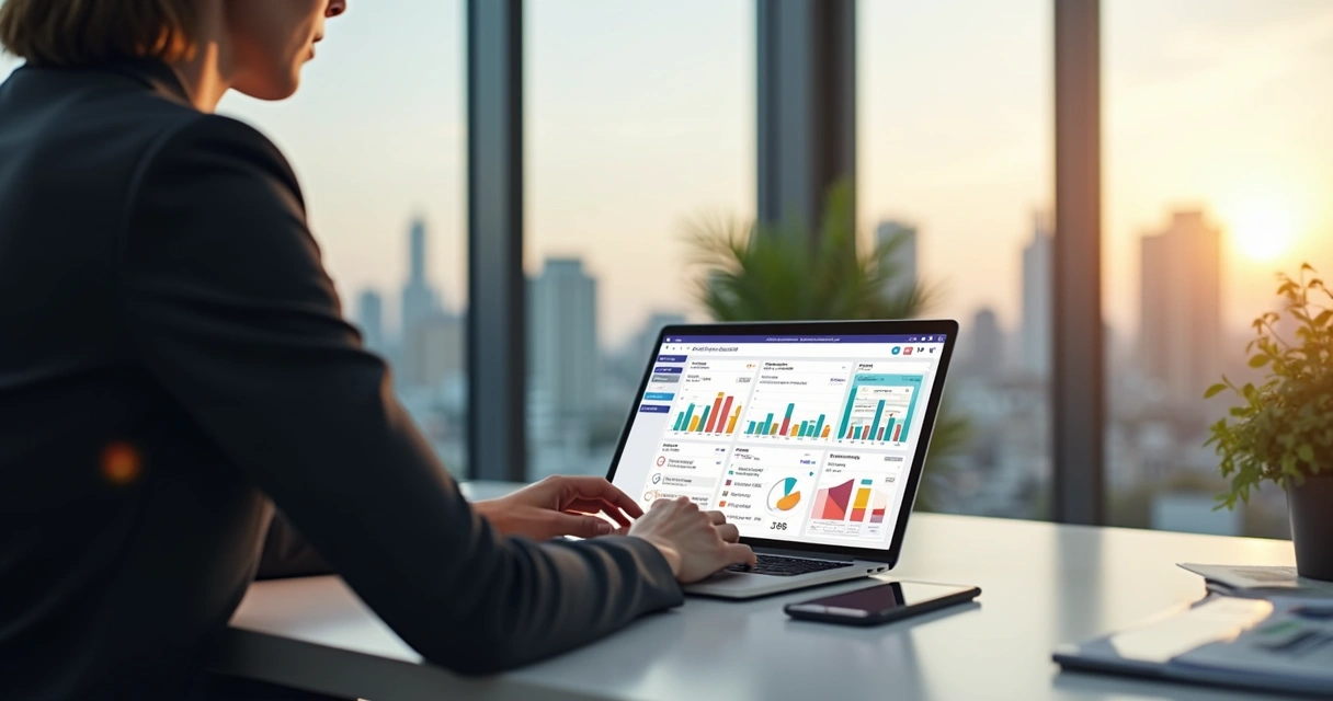 Corretor de imóveis usando laptop com sistema CRM em tela ultra detalhada em ambiente moderno de imobiliária 