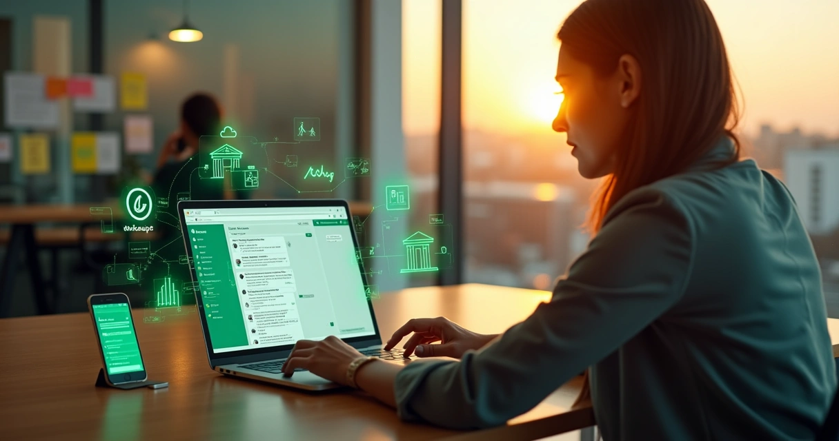 Corretor imobiliário acompanhando no notebook um chatbot de IA atendendo clientes no WhatsApp 