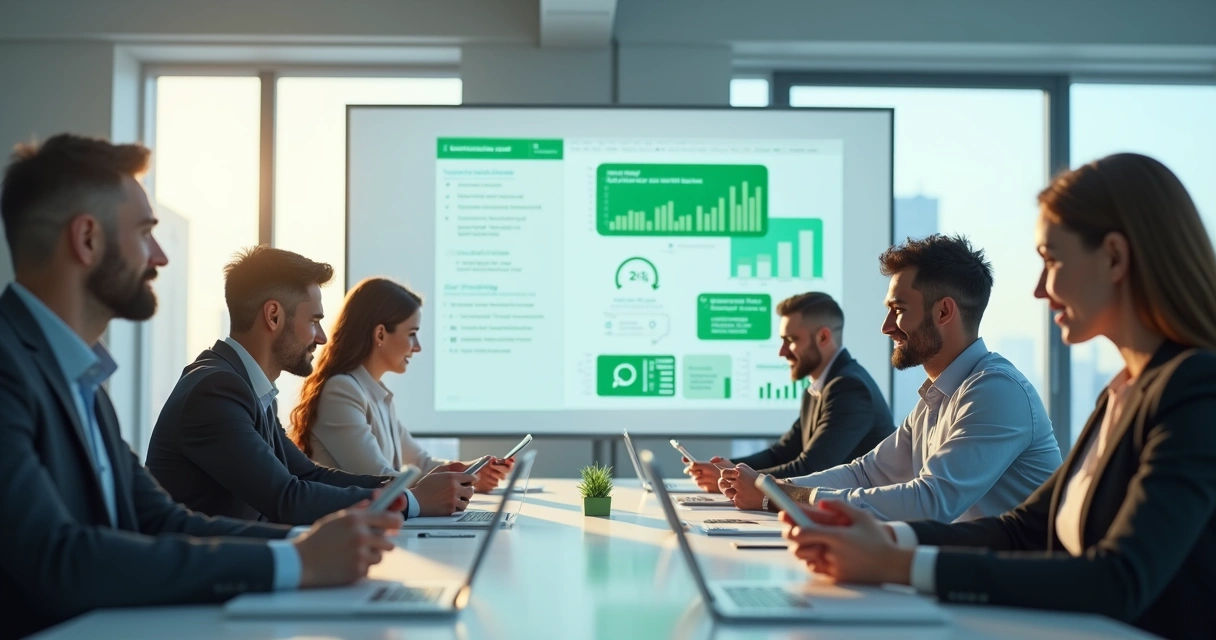 Representação visual do processo de acompanhamento de conversas em uma imobiliária, com corretores usando o WhatsApp em uma mesa de reunião 