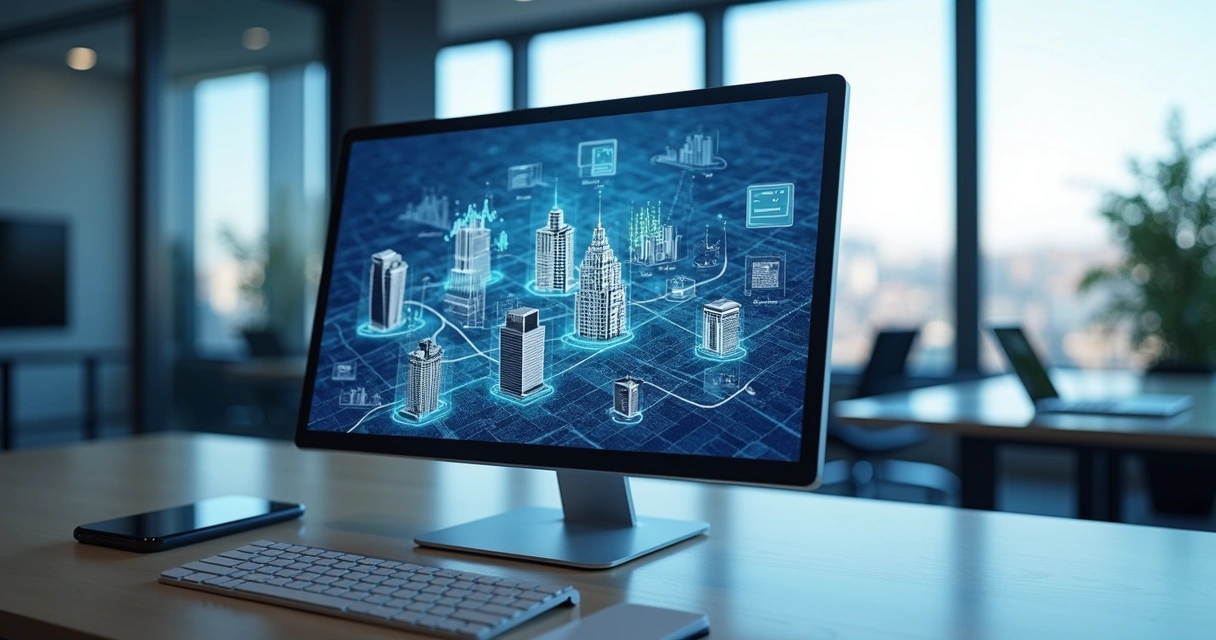 Computador mostrando mapa urbano com marcadores de imóveis e gráficos digitais de análise de dados imobiliários 