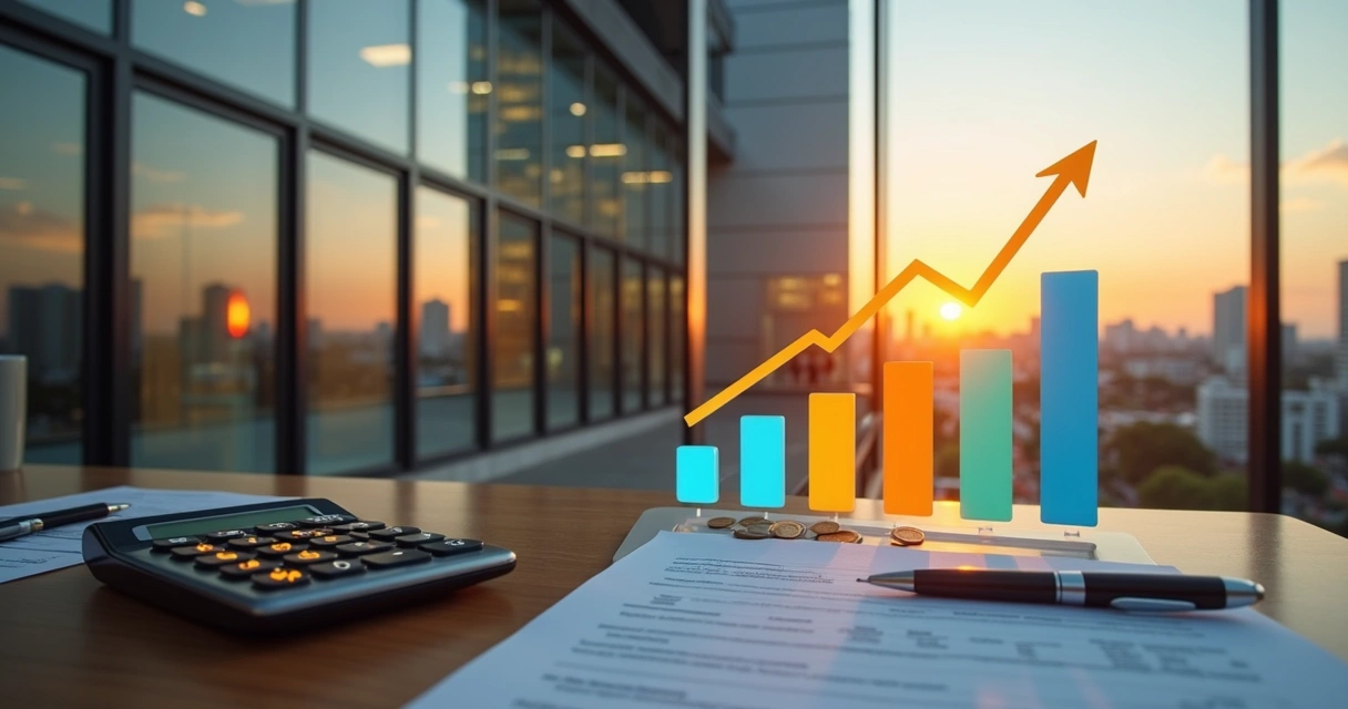 Prédio comercial moderno com gráfico de impostos sobreposto 