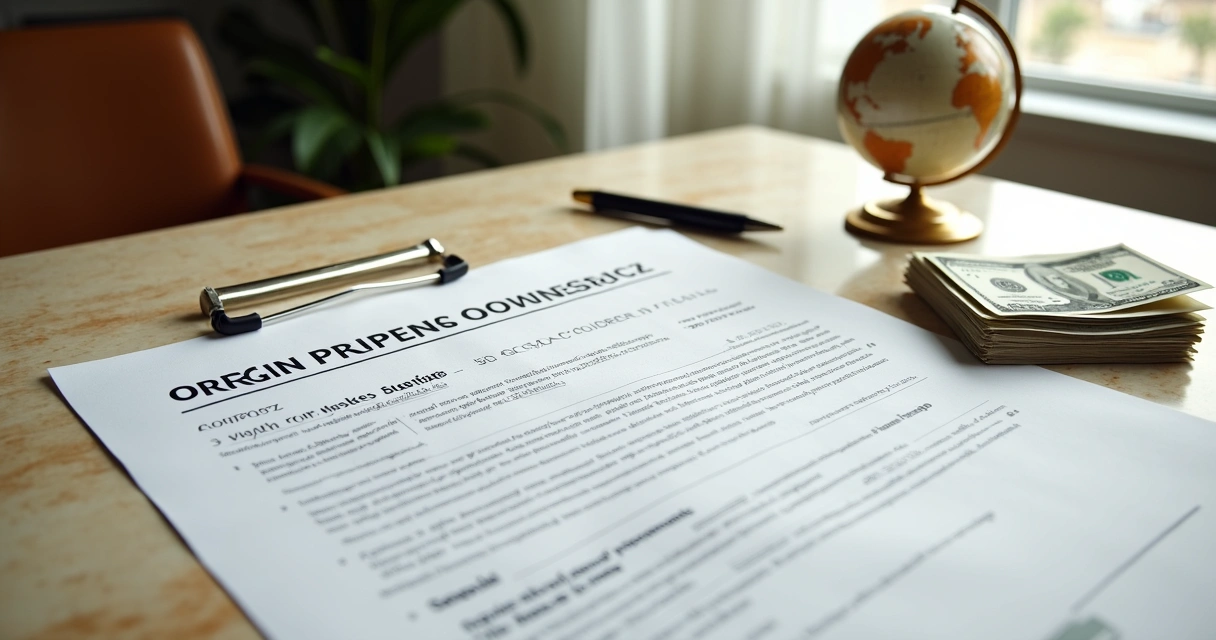 Documento de imóvel estrangeiro com notas em dólar ao lado 