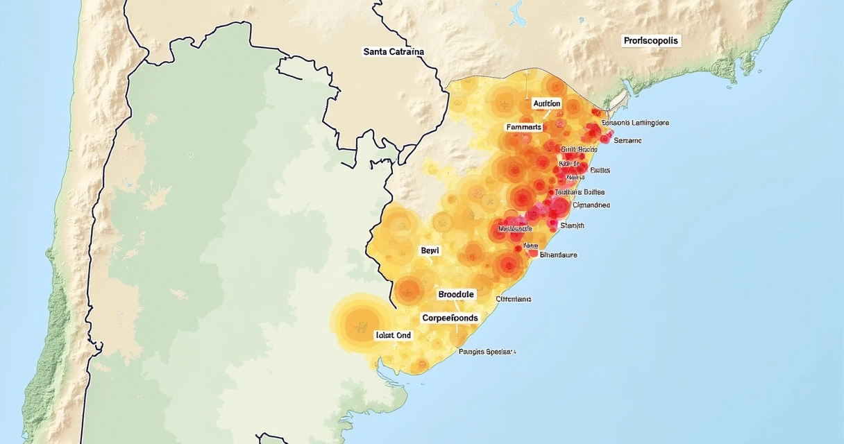 Mapa com concentrações de imóveis em leilão em cidades de Santa Catarina 