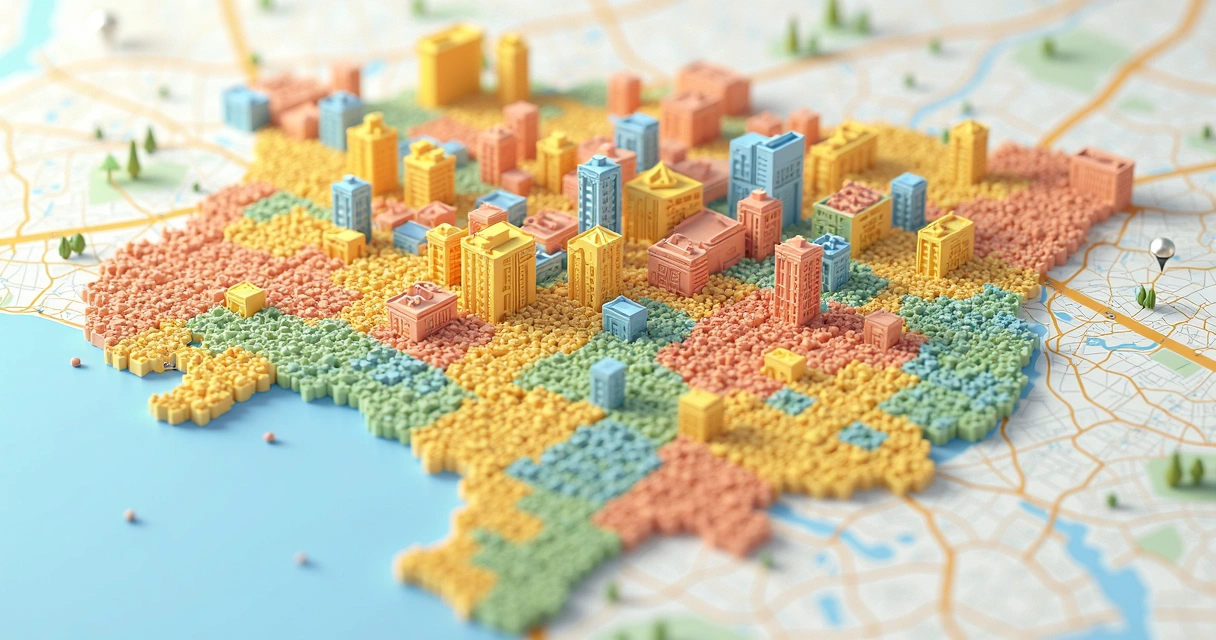 Mapa de São Paulo colorido por bairros, com ícones de imóveis em leilão distribuídos 