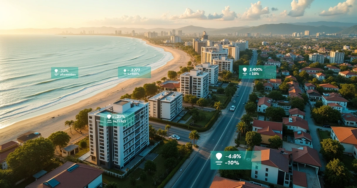 Vista aérea da orla de Aracaju com prédios residenciais e ícones de desconto sobre alguns imóveis 
