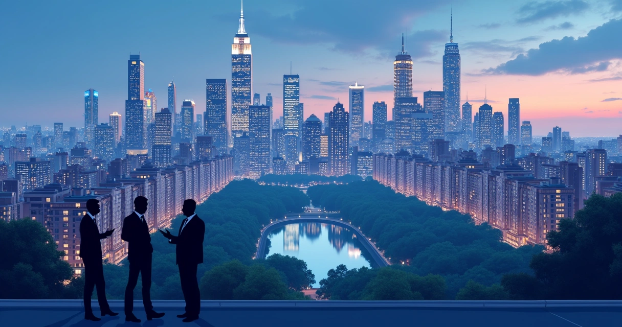 Aerial view of luxury buildings in Manhattan, New York, with blue tones and modern architectural details 