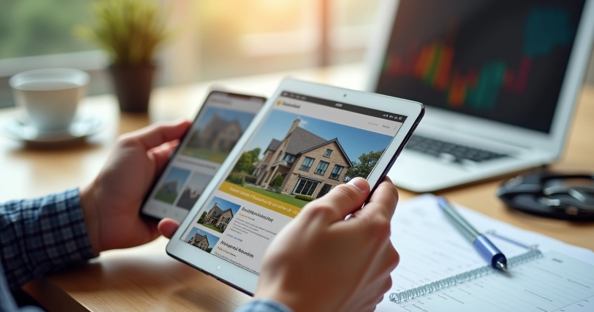 Visão de site imobiliário em smartphone e tablet em mãos 
