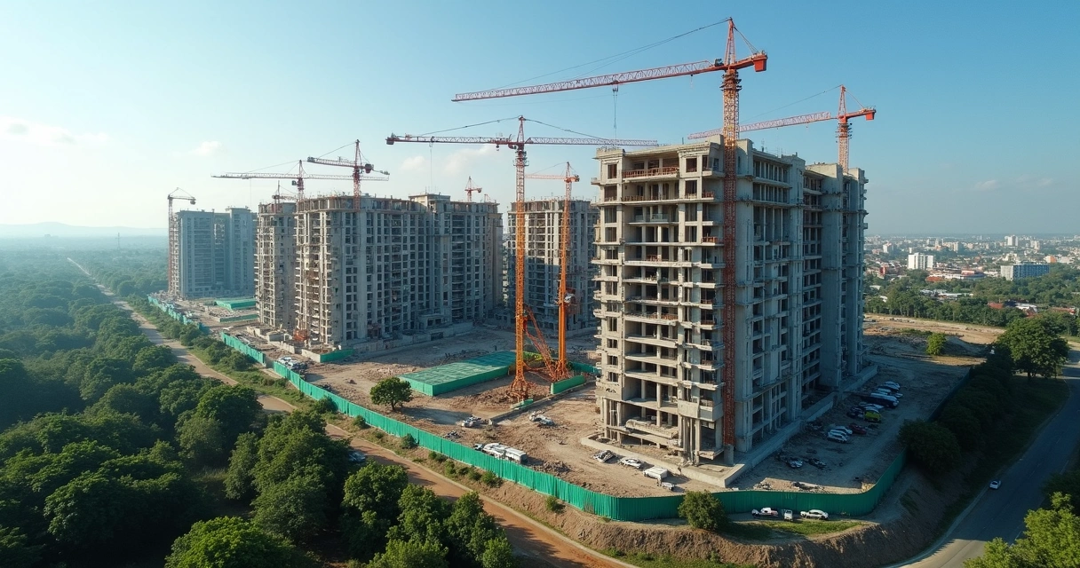 Condomínio em construção em Belo Horizonte visto de cima, com gruas, apartamentos e natureza ao redor 