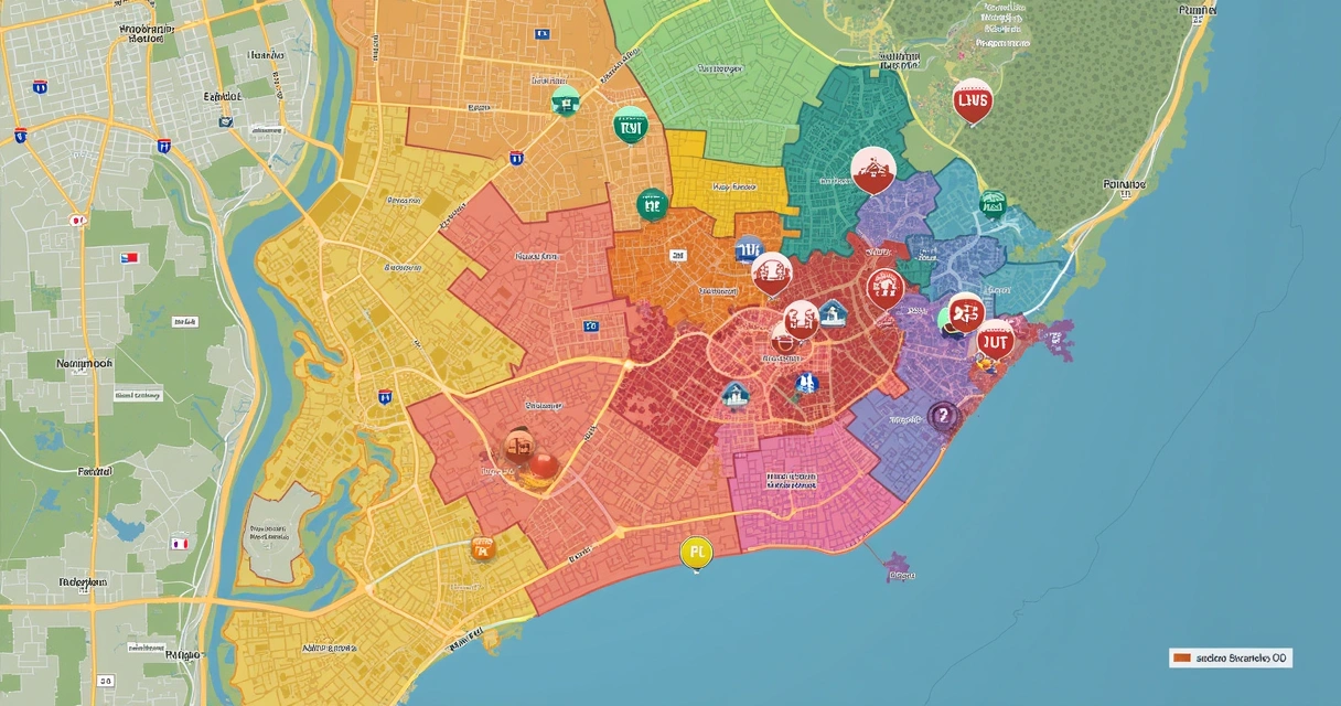 Mapa de imóveis disponíveis segmentados por bairro 