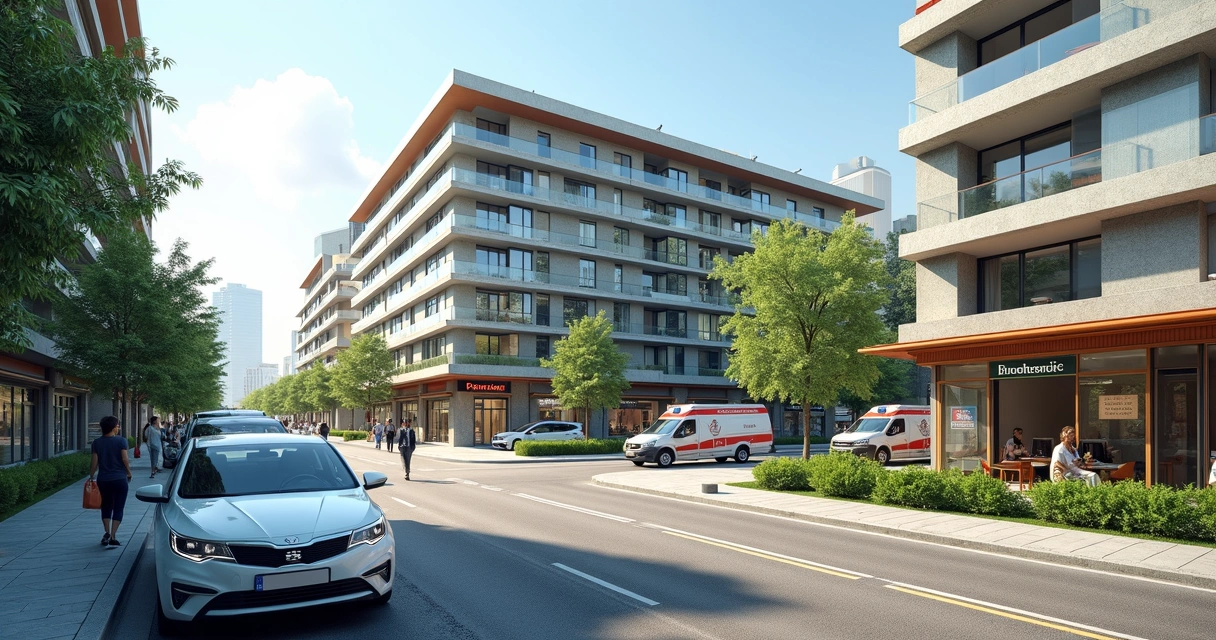 Edifícios residenciais e hospital vistos em dia movimentado 