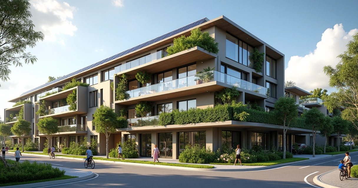Prédio residencial moderno com painéis solares e espaços verdes integrados 