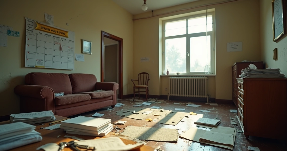 Interior abandonado de apartamento alugado com documentos espalhados 