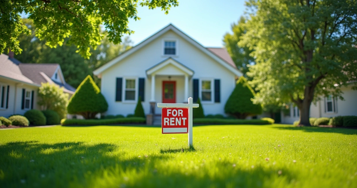 Vista frontal de uma casa típica americana, com placa de aluguel e jardim verde 