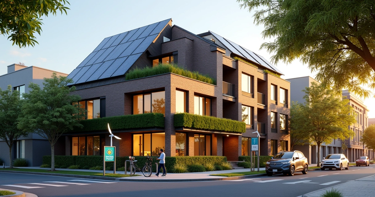 Prédio residencial com placas solares no telhado verde ao entardecer 