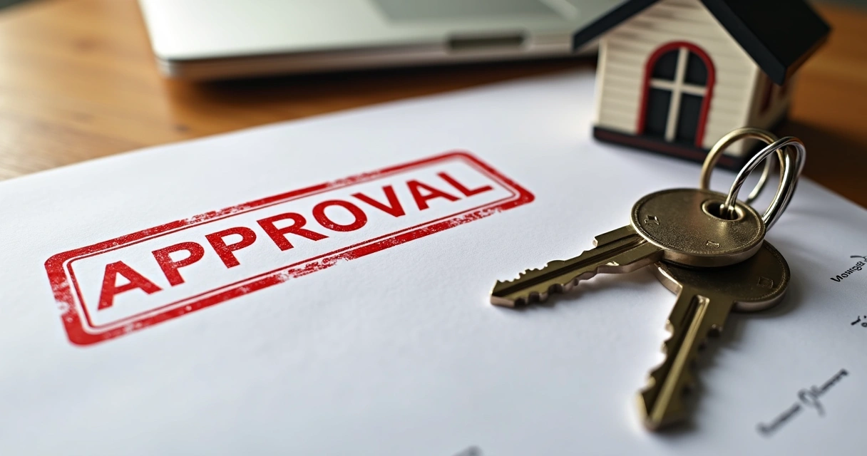 Mesa com documentos e carimbo de aprovação de financiamento imobiliário nos EUA 