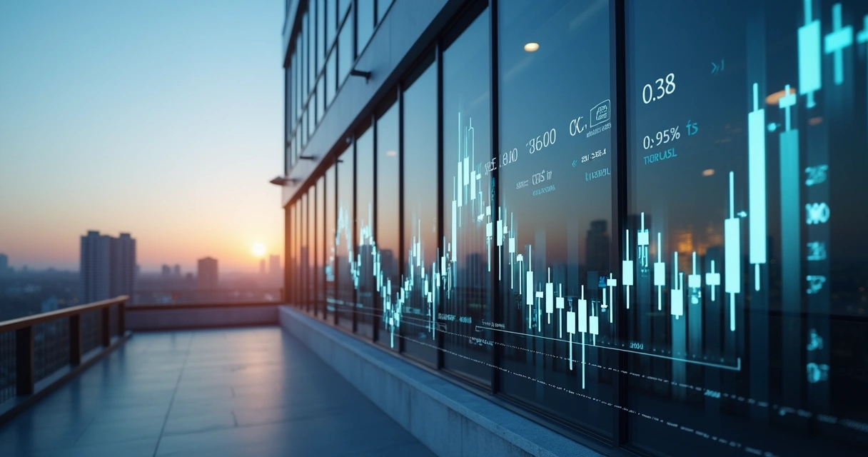 Prédio comercial moderno com gráficos financeiros sobrepostos mostrando riscos e ganhos potenciais 