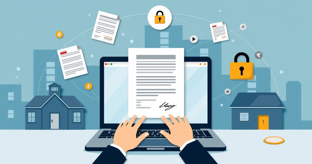 Assinatura eletrônica em contrato imobiliário na tela do notebook 
