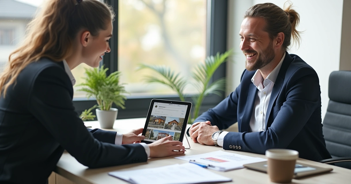 Corretor de imóveis mostra dados em tablet para cliente em escritório moderno 