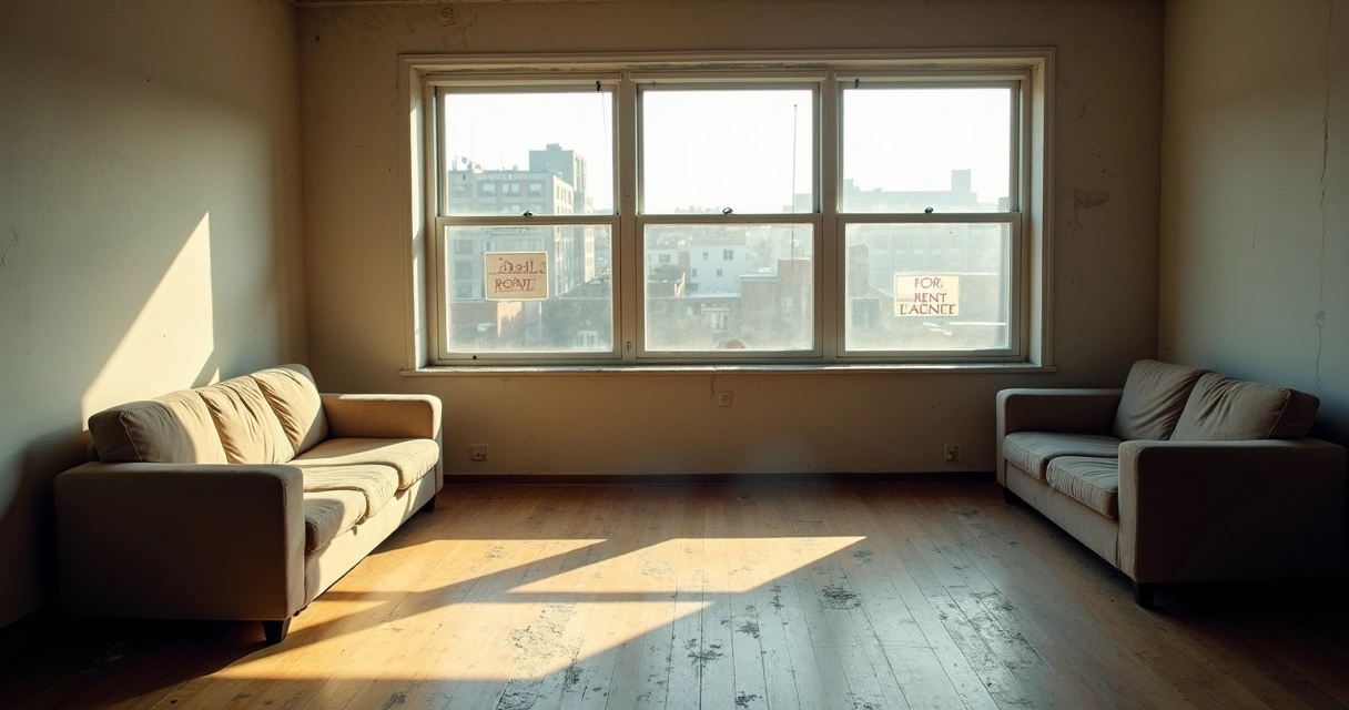Sala de apartamento vazia com luz natural e móveis antigos 