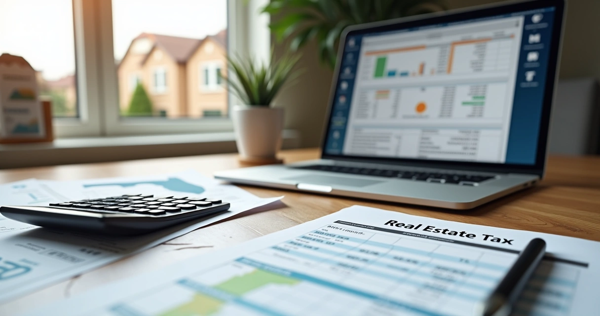 Tabela fiscal e calculadora sobre mesa junto a documentos imobiliários 