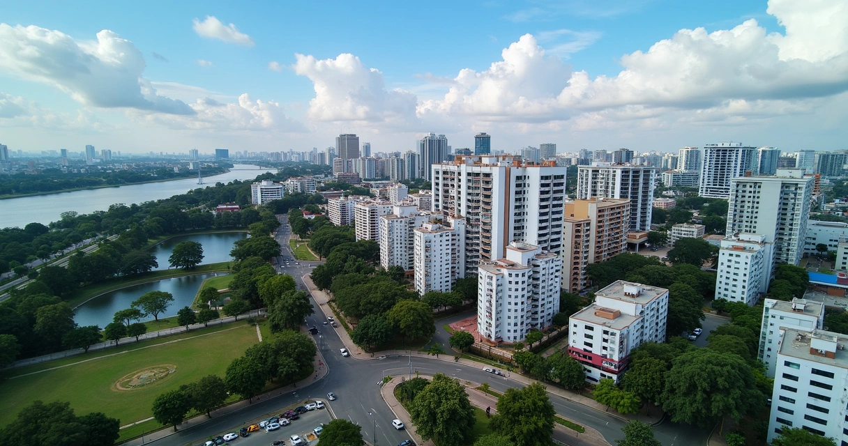 Vista aérea de bairro residencial moderno com edifícios e áreas verdes