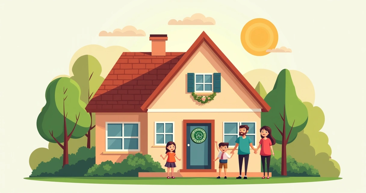 Casa colorida com selo de imóvel regular em destaque 