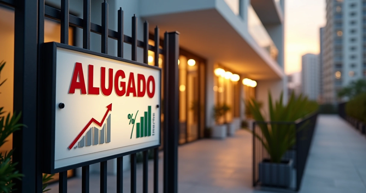 Apartamento de leilão reformado com placa de alugado e gráficos de rentabilidade ao fundo 