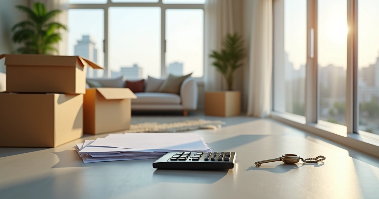 Sala ampla de imóvel recém-adquirido em leilão, com caixa de mudança e papéis em cima de uma mesa 
