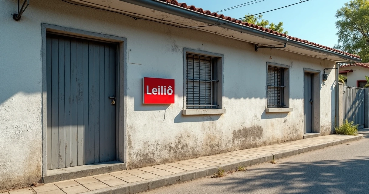 Fachada de imóvel com cadeado e placa de leilão em ambiente urbano 