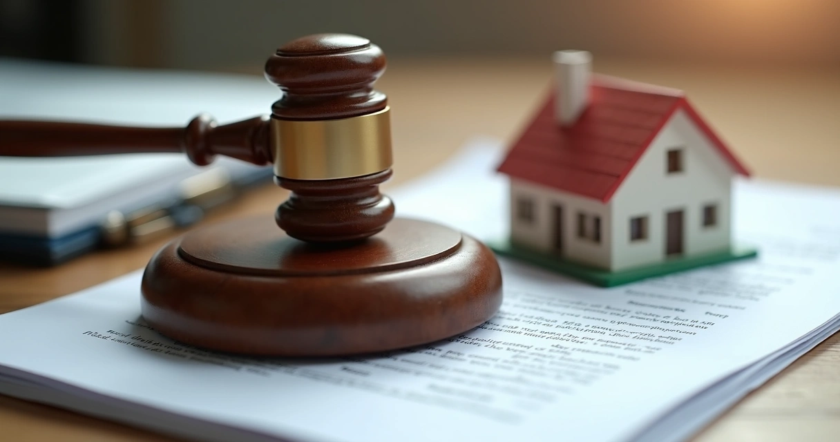 Martelo de leilão ao lado de miniatura de casa sobre documento de imóvel 