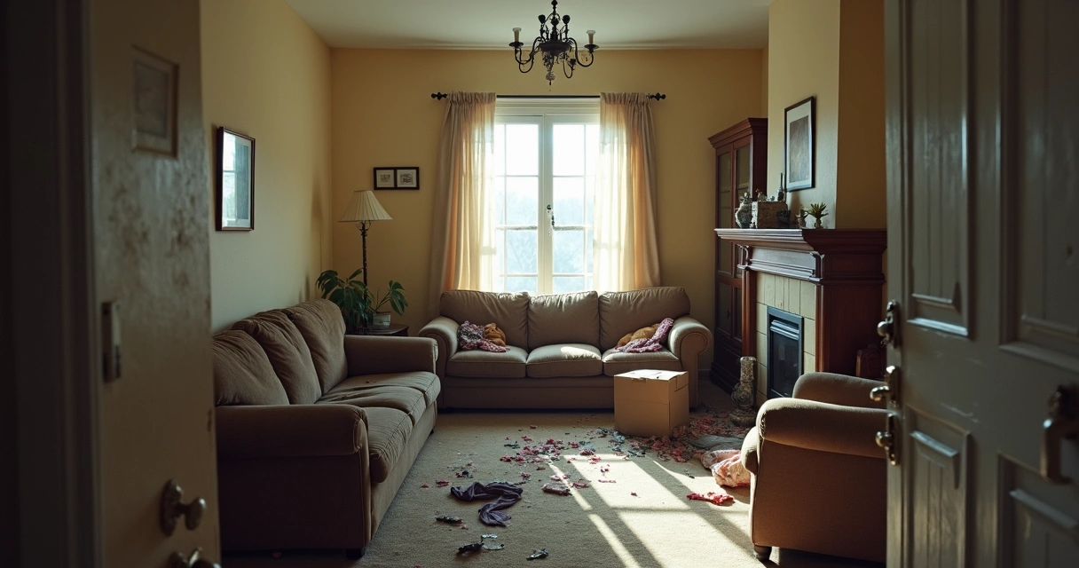 Sala de estar de casa ocupada, móveis antigos, caixas e roupas empilhadas, luz natural entrando pela janela 