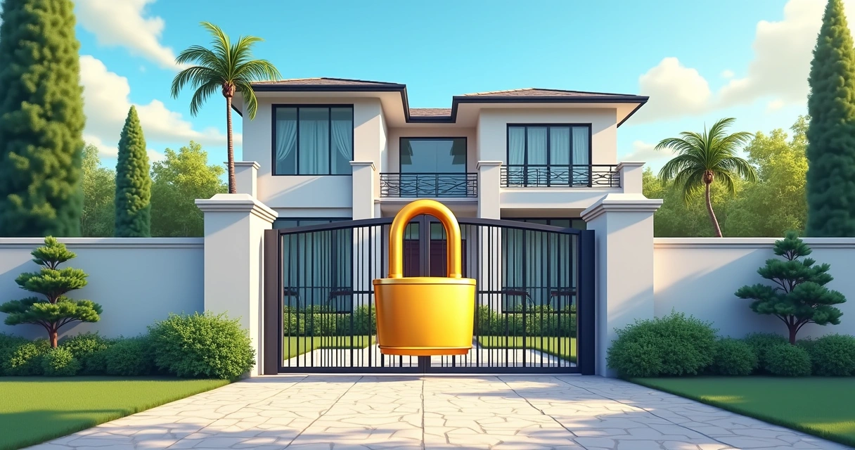 High-end house with a golden lock at the entrance 