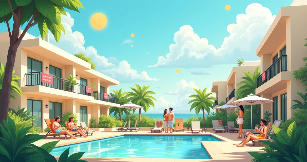 Ilustração de um imóvel de multipropriedade com pessoas felizes desfrutando próximo à piscina.