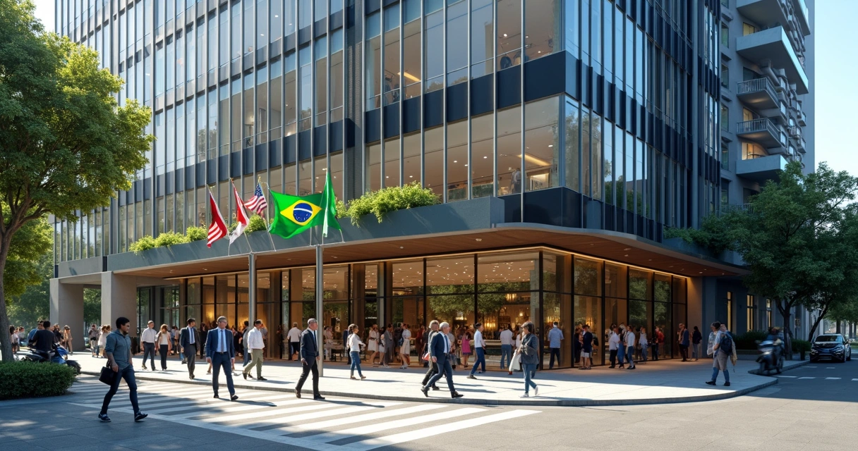 Prédio comercial moderno com bandeiras do Brasil e de outros países